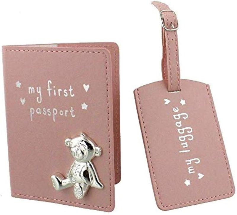 Oaktree Gifts My First Passport & Luggage Tag Set with metal teddy icon Pink - Image 1